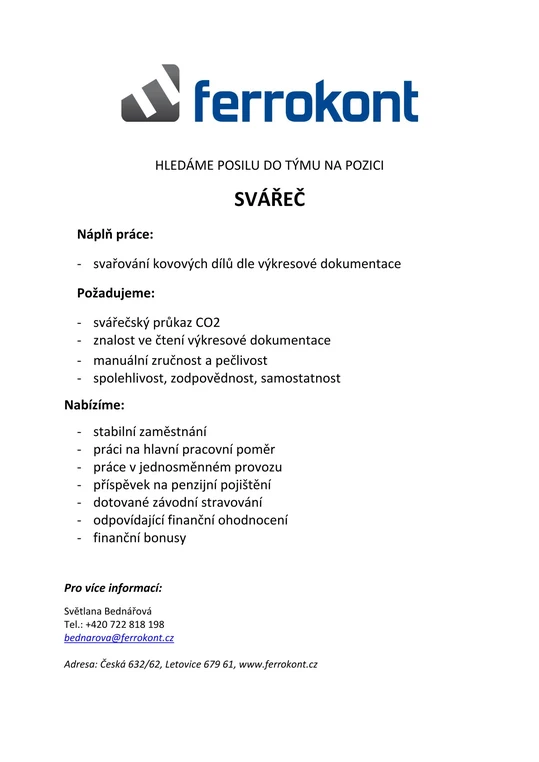 HLED&Aacute;ME KOLEGU NA POZICI SV&Aacute;ŘEČ